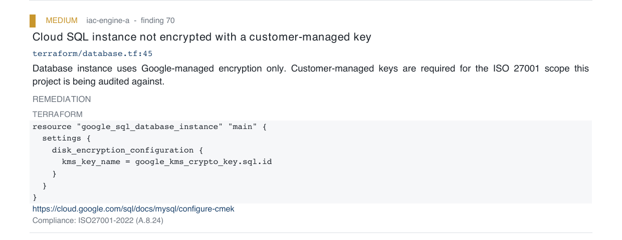 A report finding showing a Terraform code snippet as the remediation, with the file and line number of the issue