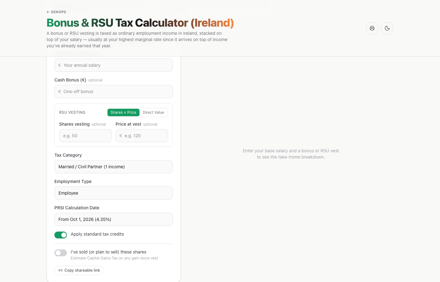 Bonus & RSU Tax Calculator (Ireland) — a live example on gogenops.com