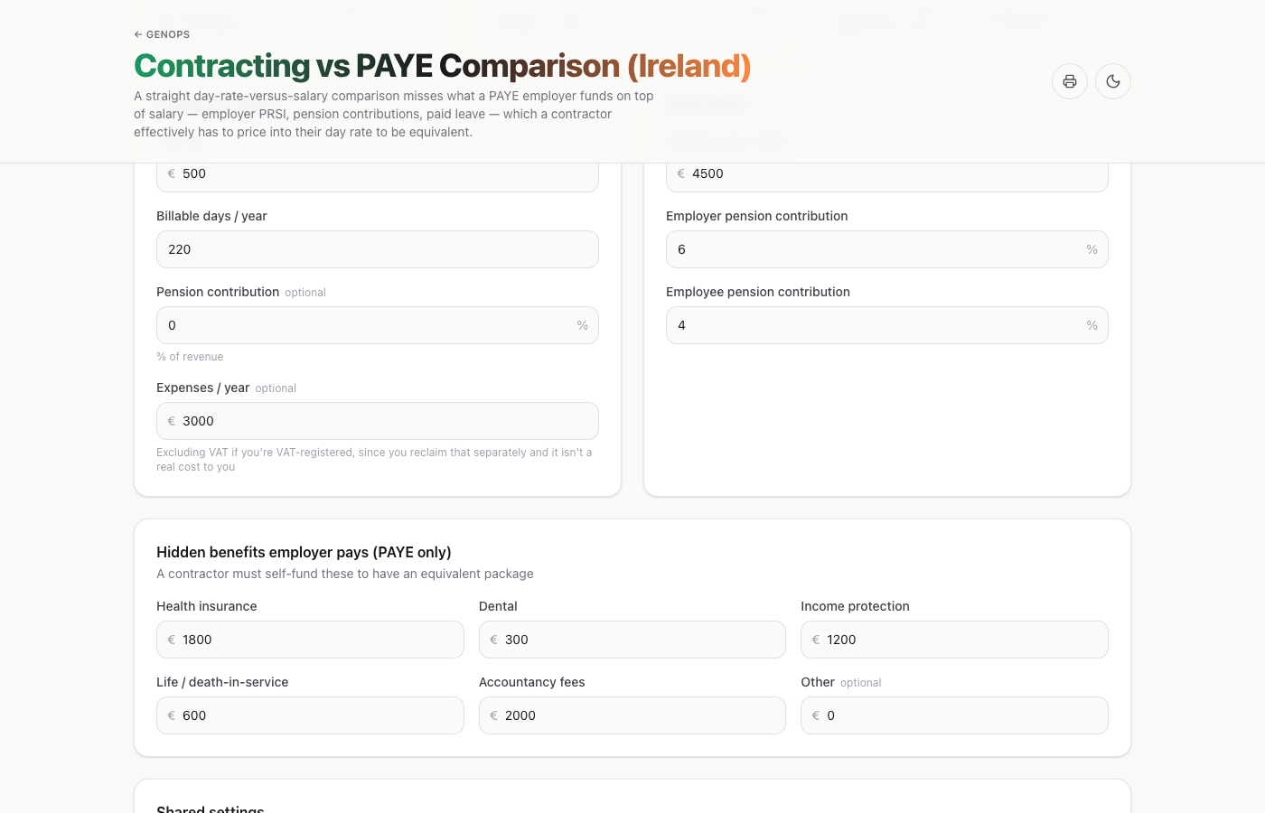 Contracting vs PAYE Comparison (Ireland) — a live example on gogenops.com