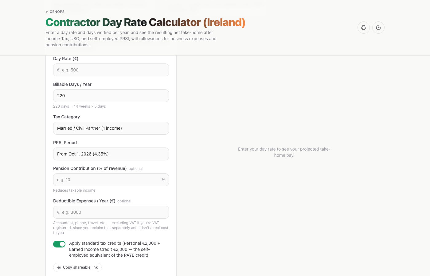 Contractor Day Rate Calculator (Ireland) — a live example on gogenops.com