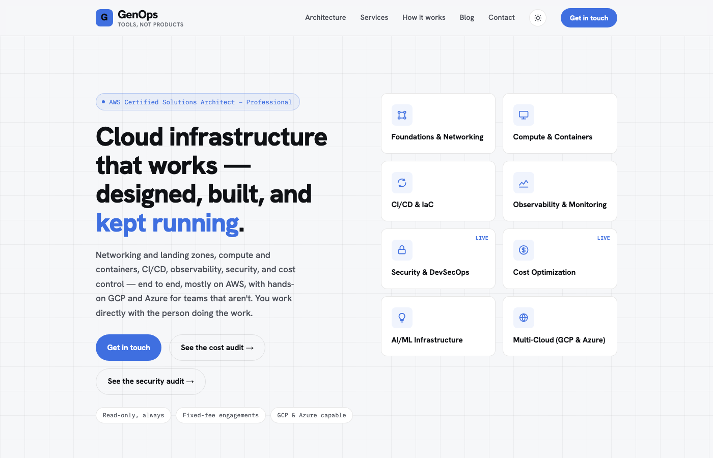 GenOps Cloud Consulting homepage showing eight capability tiles including Cost Optimization and Security & DevSecOps marked as live
