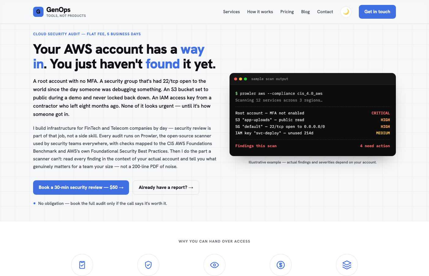 GenOps Cloud Security Audit landing page showing a sample Prowler scan output with critical, high, and medium findings