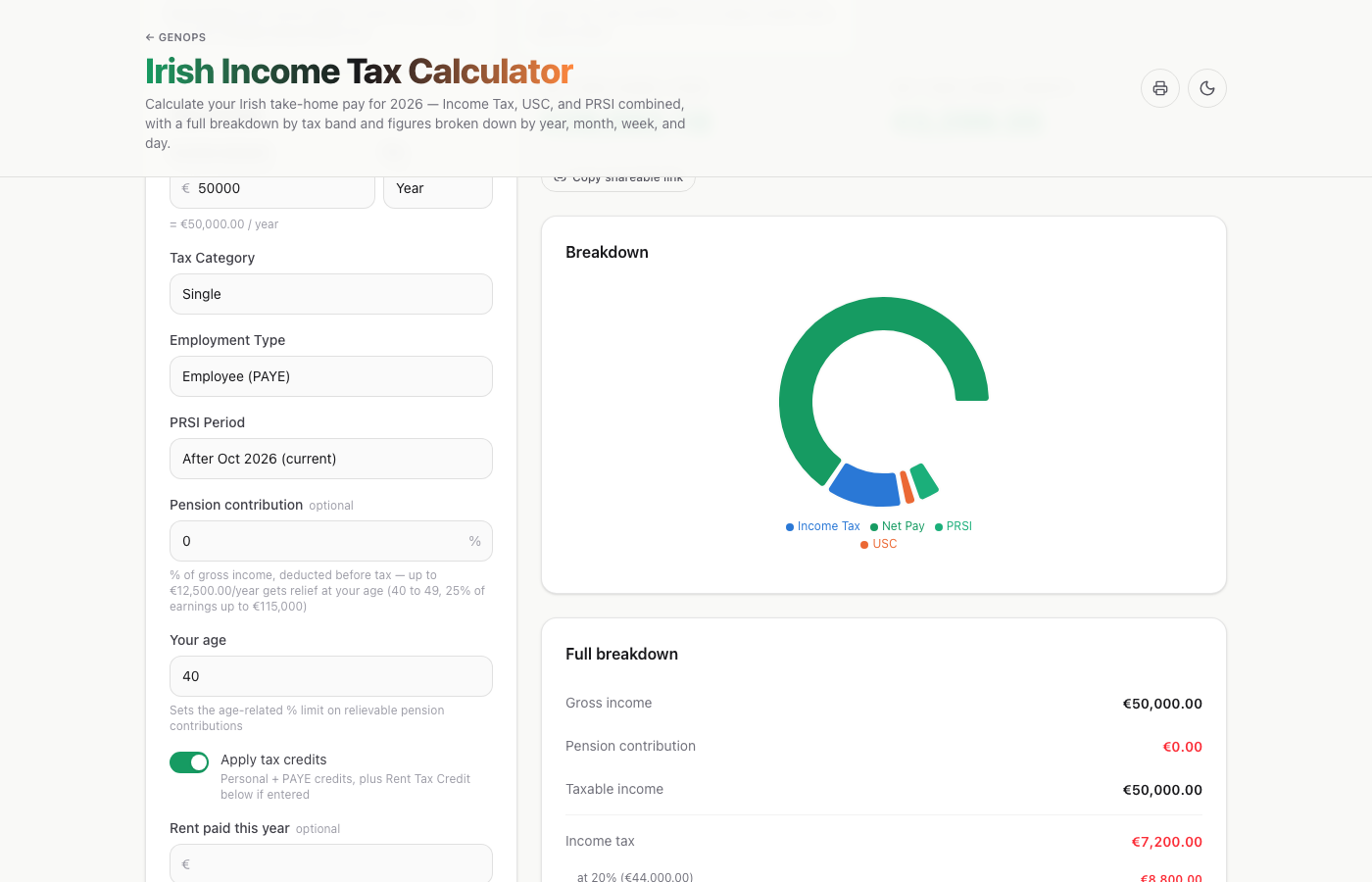 Irish Income Tax Calculator — a live example on gogenops.com