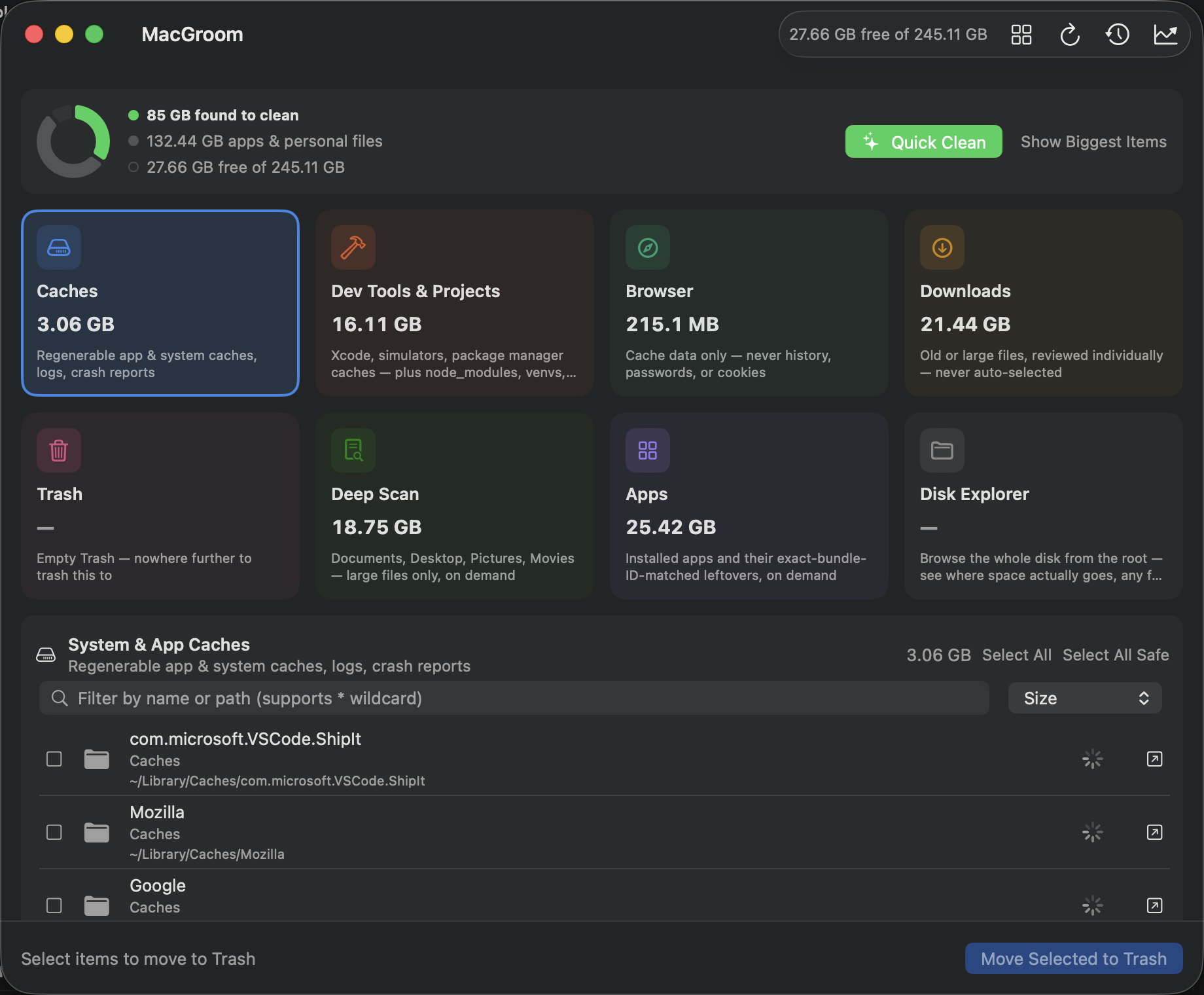 MacGroom's dashboard in dark mode, showing free space and category tiles for Caches, Dev Tools & Projects, Browser, Downloads, Trash, Deep Scan, Apps, and Disk Explorer