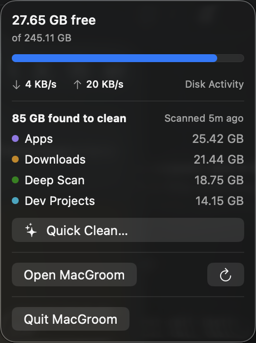 MacGroom's menu bar widget, showing free space and live disk read/write activity