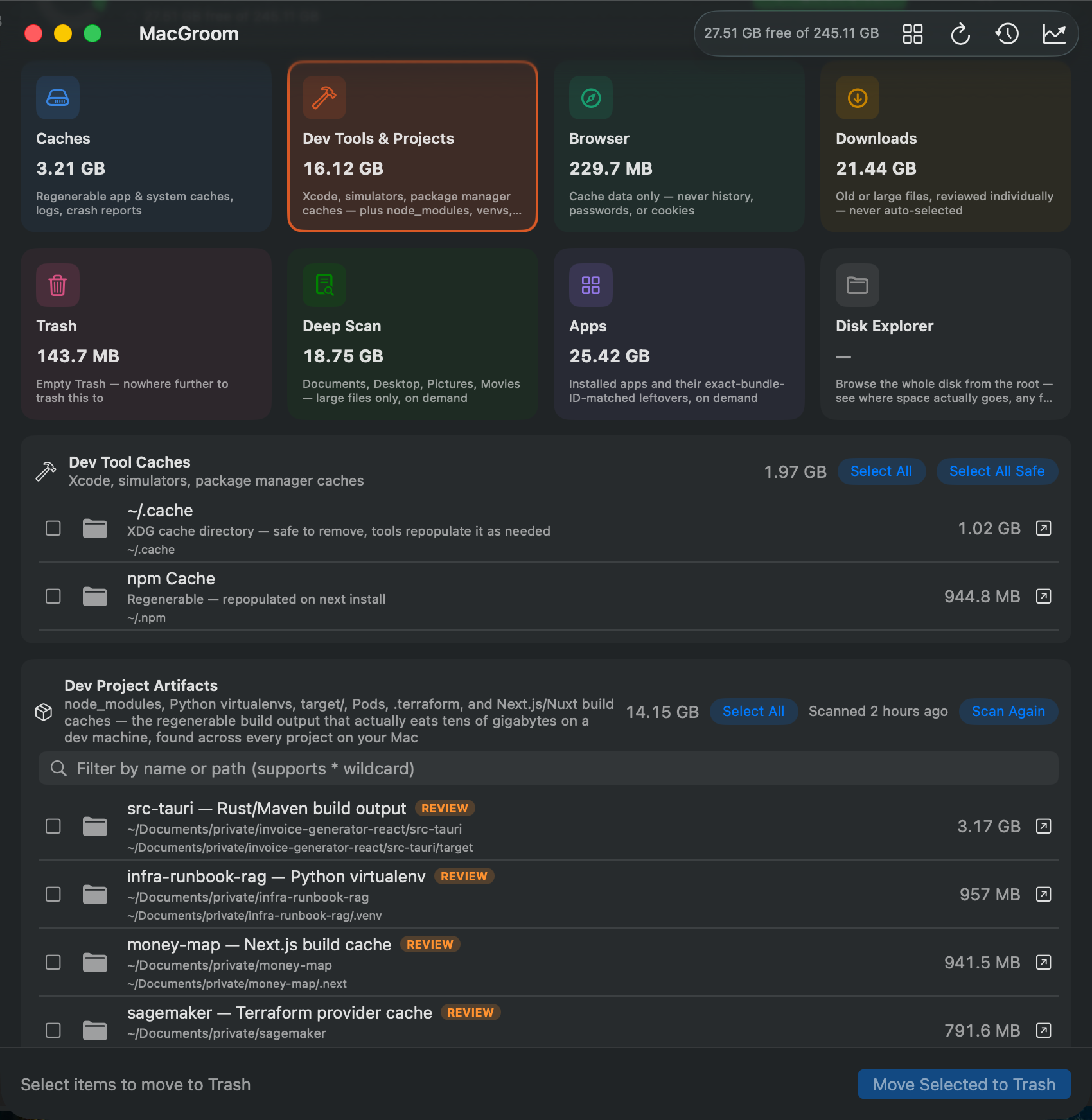 MacGroom's Dev Tools & Projects screen, listing AI model caches and developer tool caches with sizes