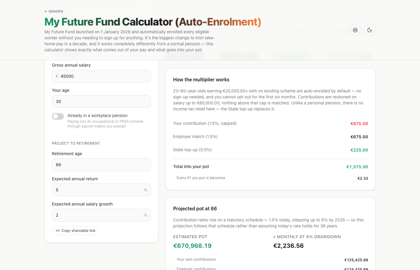 My Future Fund Calculator (Auto-Enrolment) — a live example on gogenops.com
