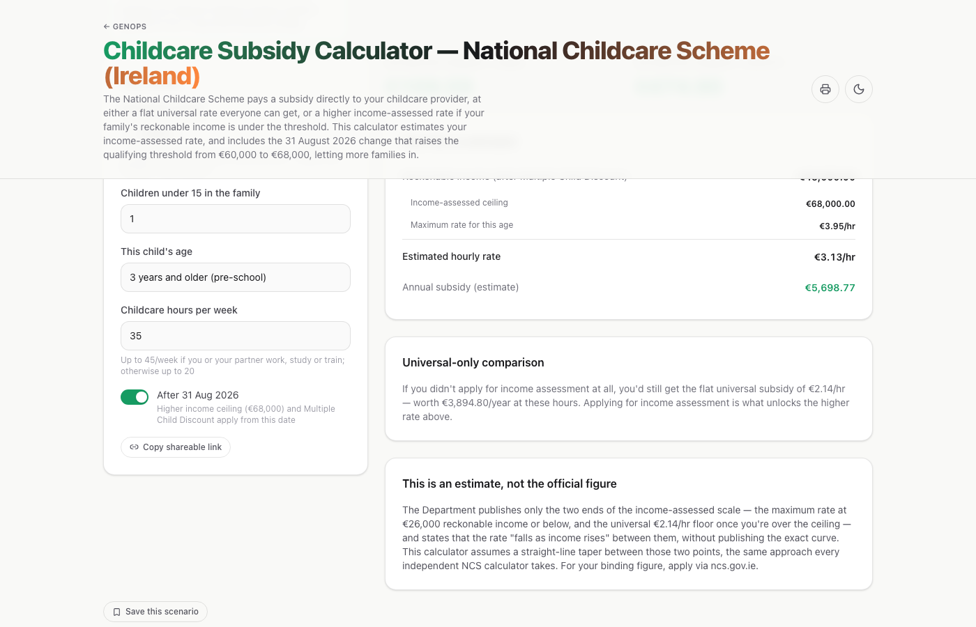 Childcare Subsidy Calculator — National Childcare Scheme (Ireland) — a live example on gogenops.com