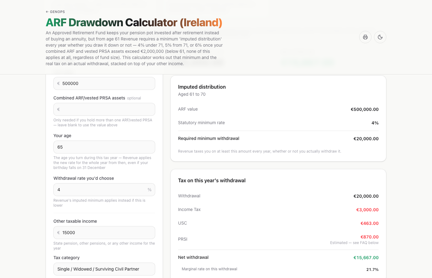 ARF Drawdown Calculator (Ireland) — a live example on gogenops.com