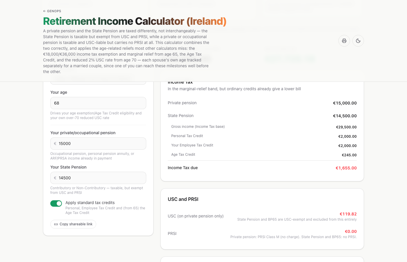 Retirement Income Calculator (Ireland) — a live example on gogenops.com