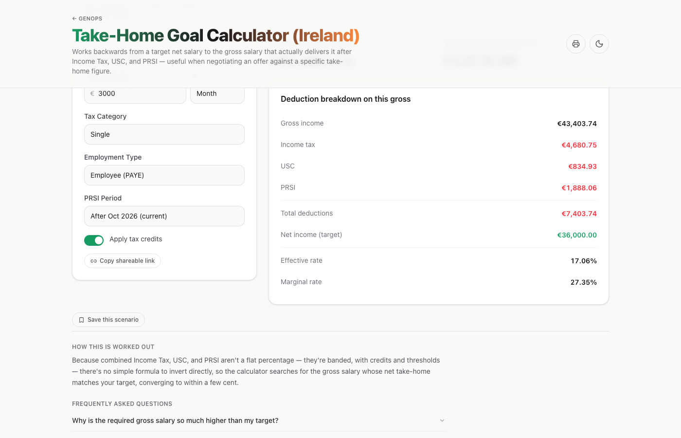 Take-Home Goal Calculator (Ireland) — a live example on gogenops.com