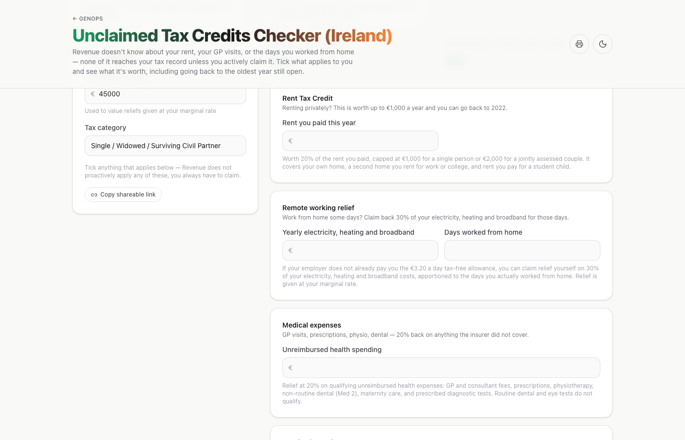 Unclaimed Tax Credits Checker (Ireland) — a live example on gogenops.com