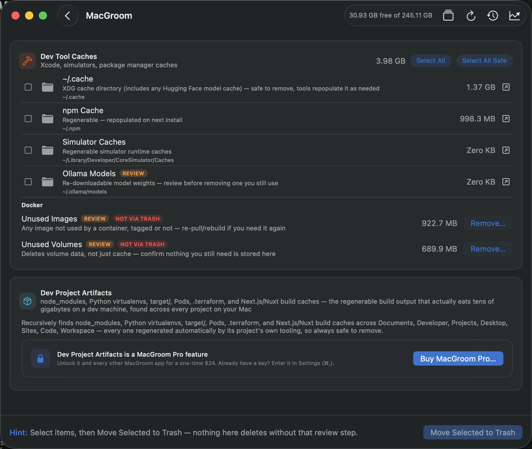 MacGroom's Dev Tool Caches screen, listing Xcode/npm/simulator caches, unused Docker images and volumes, and Dev Project Artifacts (node_modules, virtualenvs, build output) with sizes