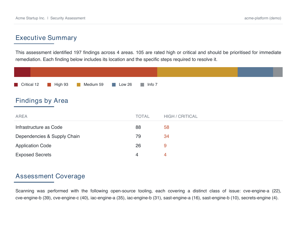 Sample PDF executive summary with findings-by-area table