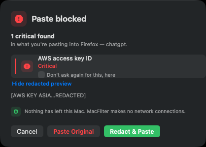 MacFilter's Paste Blocked panel: 1 critical found — AWS access key ID — in what you're pasting into ChatGPT, with a redacted preview and Cancel / Paste Original / Redact & Paste options