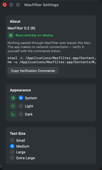 MacFilter's Settings window showing the About panel: 'Runs entirely on-device', the otool/nm verification commands, and a Copy Verification Commands button