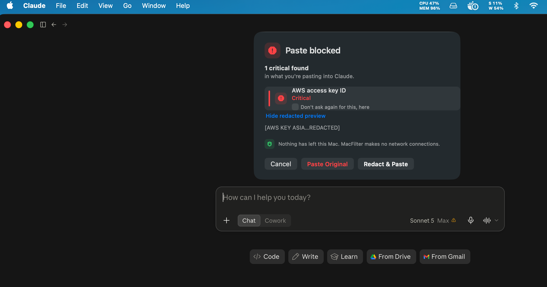 MacFilter's Paste Blocked panel appearing over the native Claude desktop app, having caught an AWS access key ID