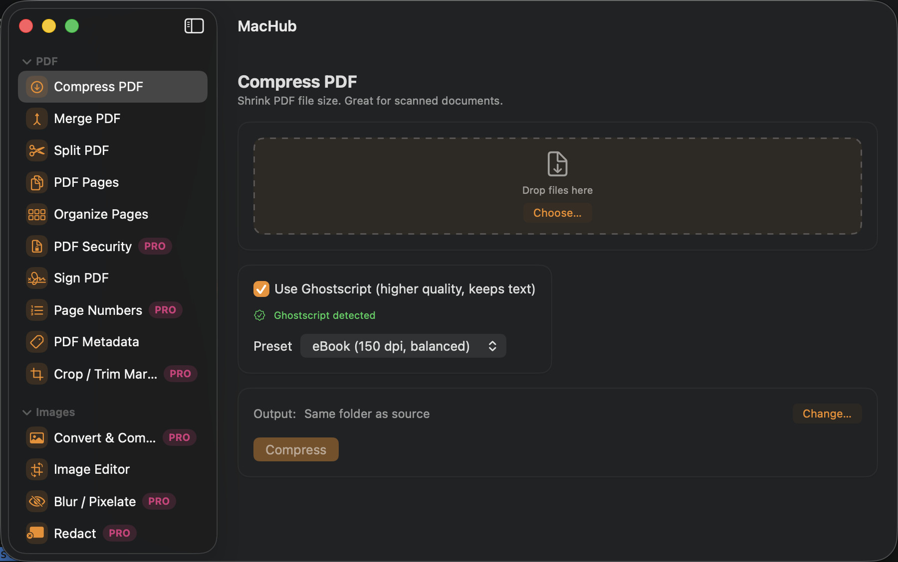 MacHub's PDF & Images sidebar (Compress, Merge, Split, Organize Pages, PDF Security, Sign, Page Numbers, Metadata, Crop, Convert, Image Editor, Blur/Pixelate, Redact) with Compress PDF open