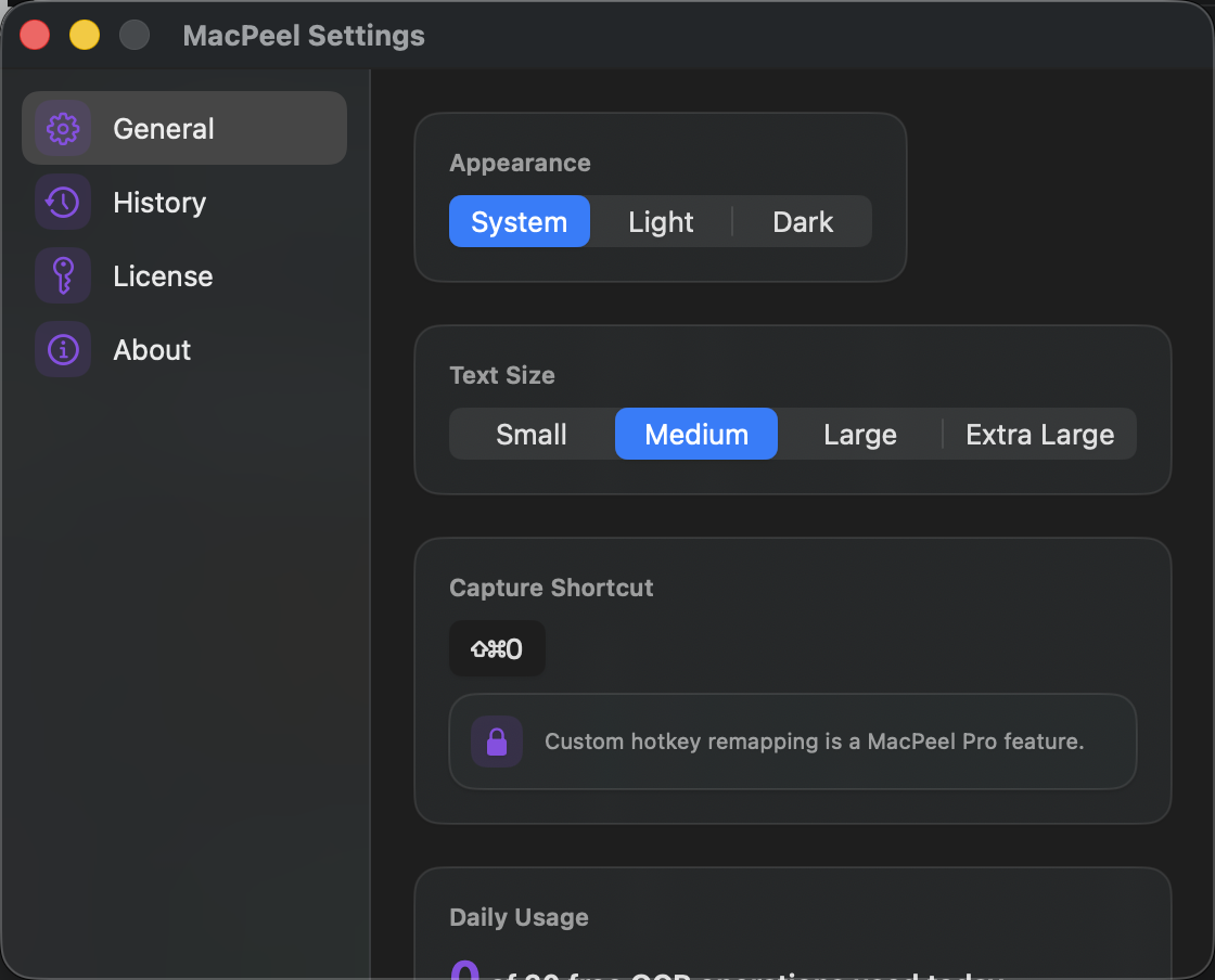 MacPeel Settings: Appearance, Text Size, Capture Shortcut, Daily Usage (0 of 20 free OCR operations used today), and the Batch OCR Pro upsell