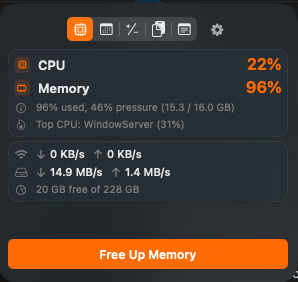 MacShelf's Stats tab showing live CPU 22% / Memory 96%, top process, network throughput, disk free, and a Free Up Memory button
