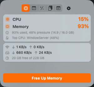 MacShelf's Stats tab in light mode: CPU 15%, Memory 93%, same layout