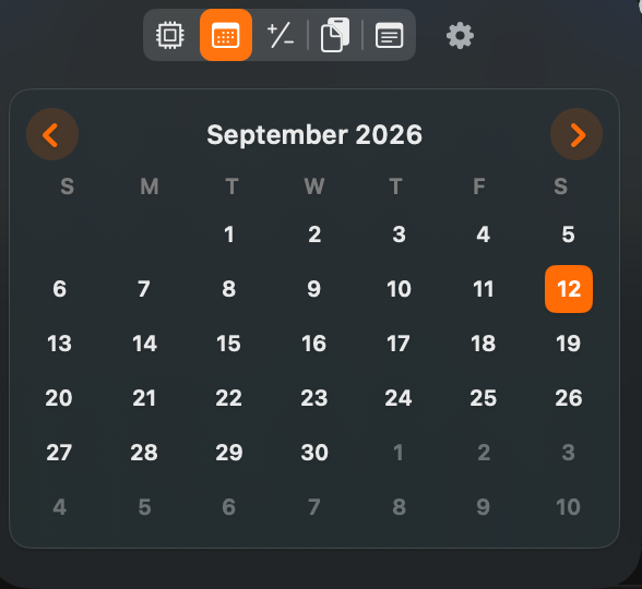 MacShelf's Calendar tab in dark mode, September 2026 month grid with today highlighted