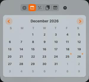 MacShelf's Calendar tab in light mode, December 2026, with small orange dots marking Christmas Day and St. Stephen's Day