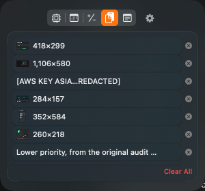 MacShelf's Clipboard tab showing recent copies — image thumbnails with sizes, and a redacted AWS access key entry