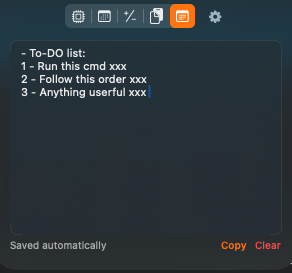 MacShelf's Notepad tab: a plain-text scratch pad with a To-Do list, Saved automatically, Copy and Clear buttons
