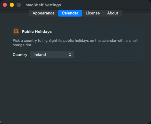 MacShelf Settings' Calendar tab: a country picker set to Ireland, for highlighting that country's public holidays on the calendar