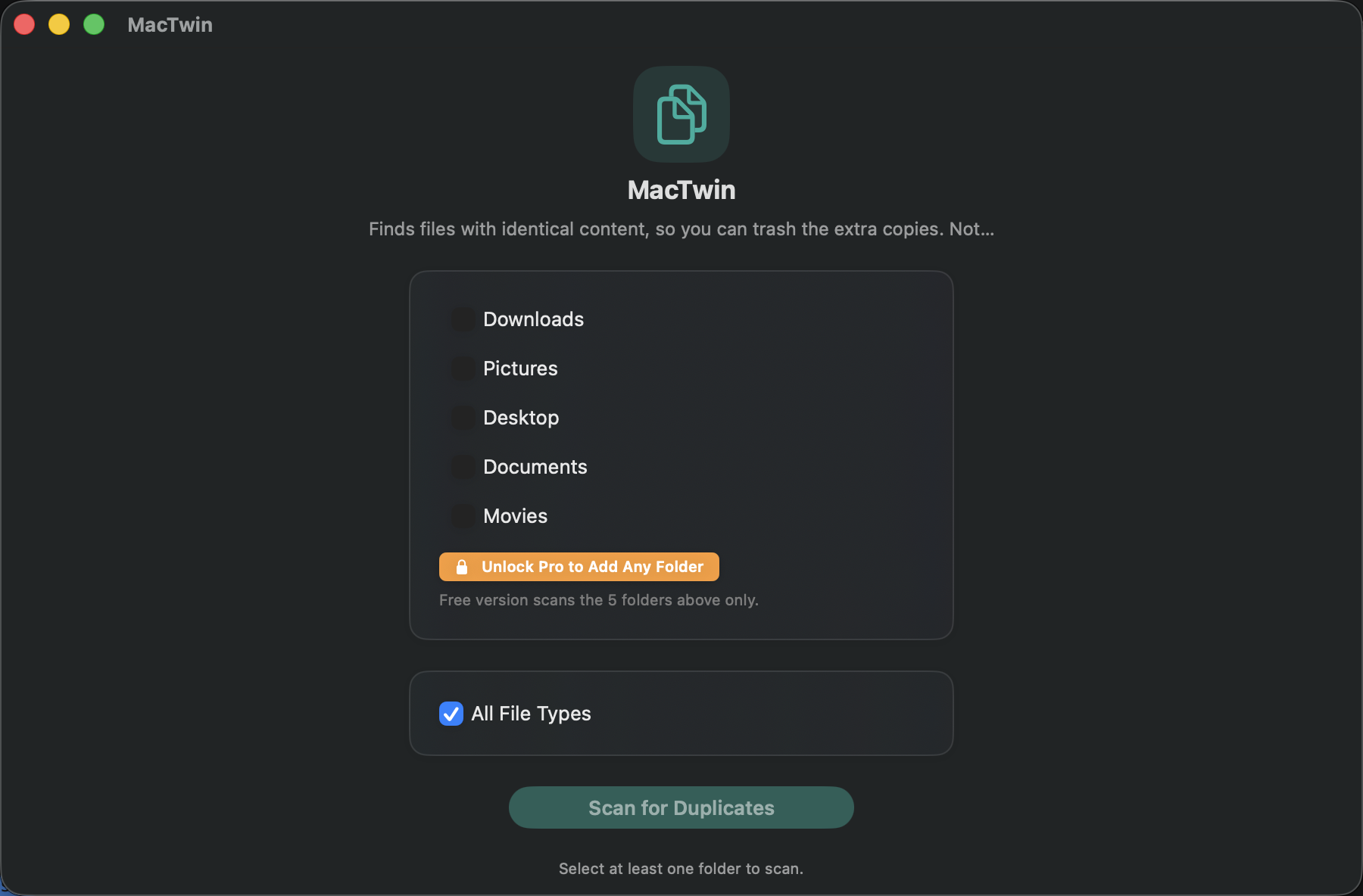 MacTwin's scan setup screen: folder checklist (Downloads, Pictures, Desktop, Documents, Movies), file type filter, and Scan for Duplicates button
