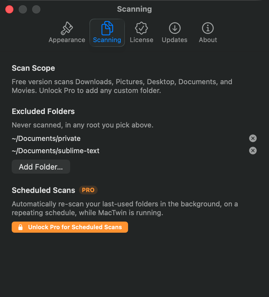 MacTwin's Scanning settings: Scan Scope, and an Excluded Folders list (~/Documents/private, ~/Documents/sublime-text) with Add Folder…